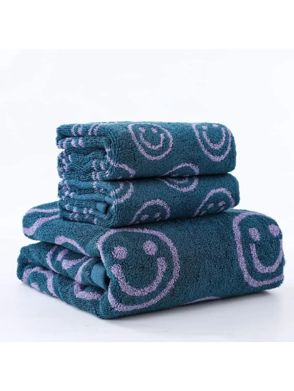 Soft 100% Cotton Luxury Smiley Face Bath Towel Set - Purple & Green Washcloths